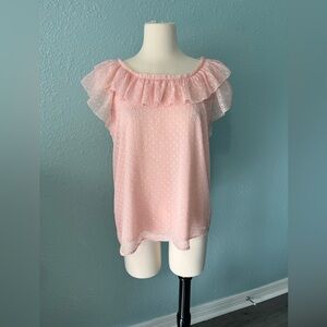 Loft pink dotted blouse with ruffle collar